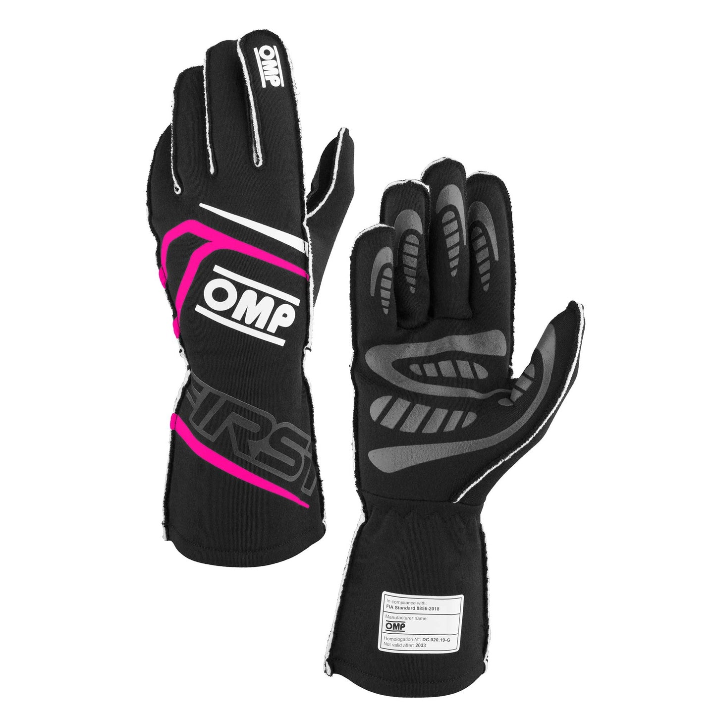 OMP Racing FIRST Gloves FIA 8856-20 18 MY2025 Black / Fucsia