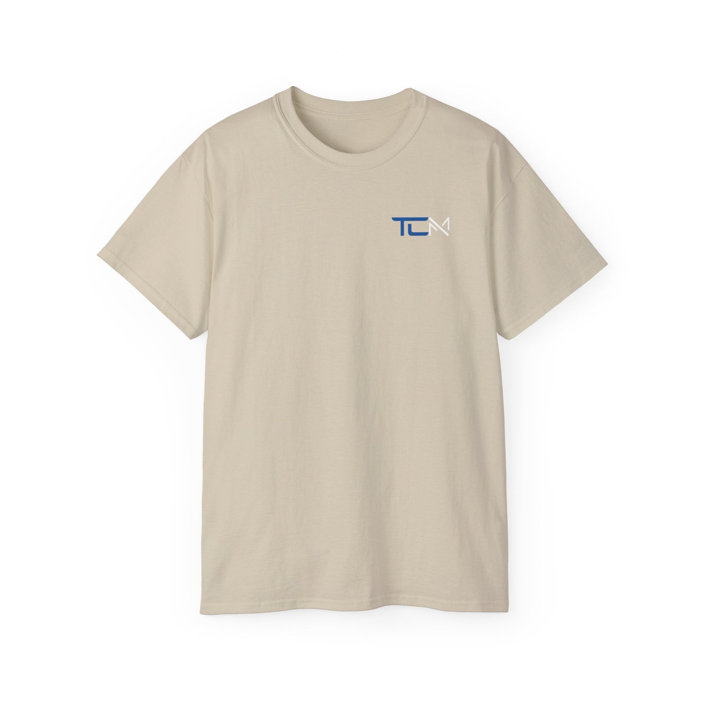 TruCrane Motorsports Heavy Cotton Tee TCM Logo Front - Large Back - Blue/White