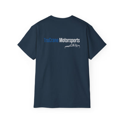 TruCrane Motorsports Heavy Cotton Tee TCM Logo Front - Large Back - Blue/White