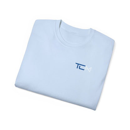 TruCrane Motorsports Heavy Cotton Tee TCM Logo Front - Large Back - Blue/White