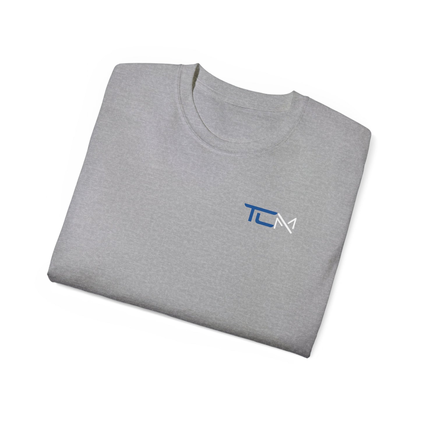 TruCrane Motorsports Heavy Cotton Tee TCM Logo Front - Large Back - Blue/White