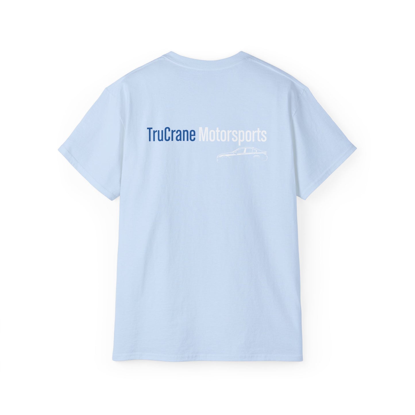 TruCrane Motorsports Heavy Cotton Tee TCM Logo Front - Large Back - Blue/White