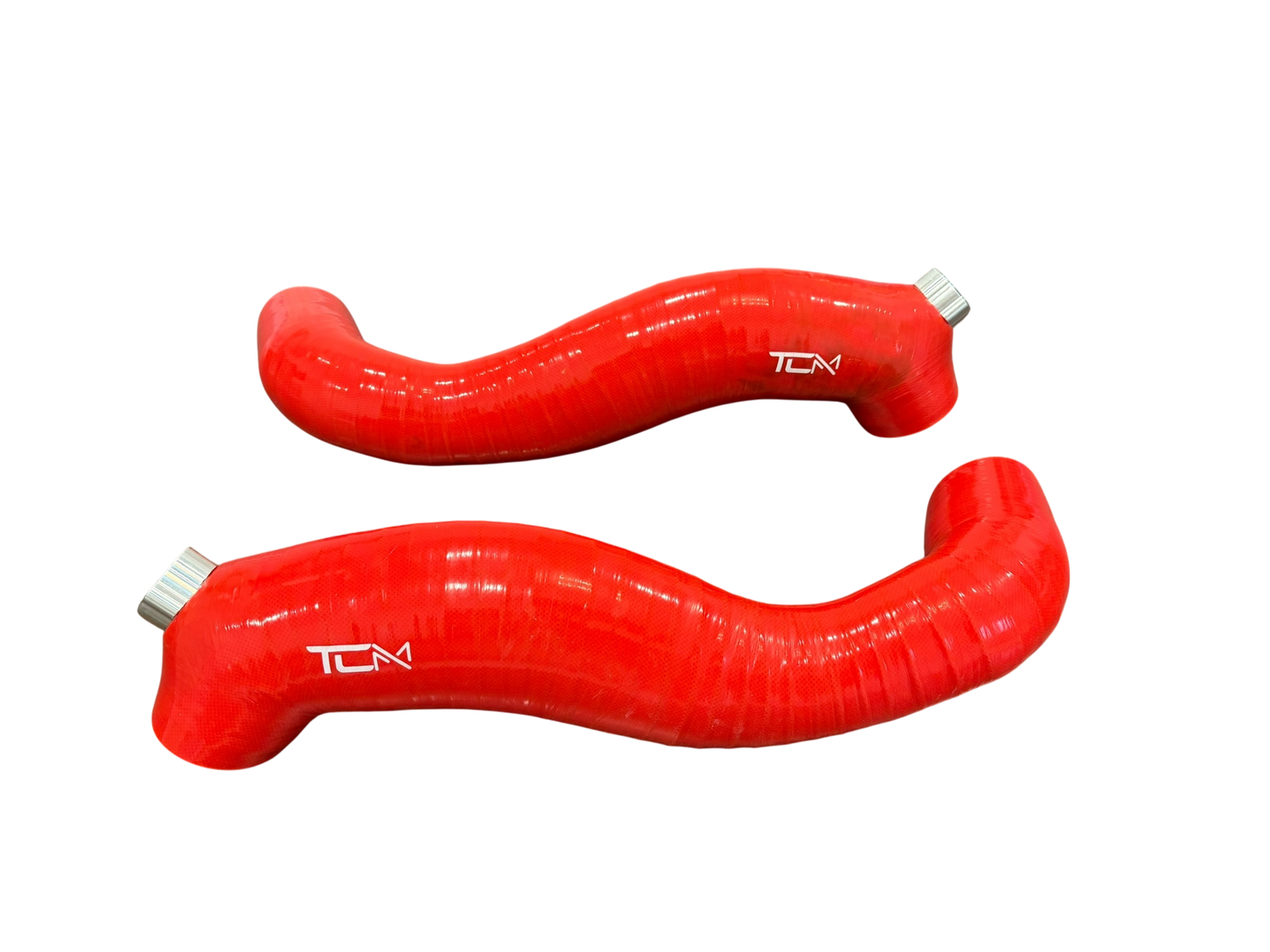 Two red silicone hose pipes with 'TCN' branding on a white background