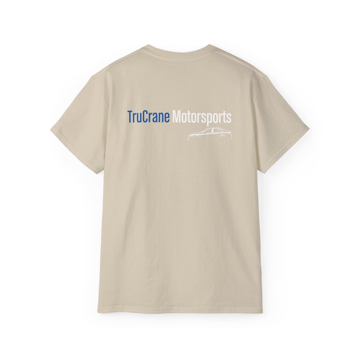 TruCrane Motorsports Heavy Cotton Tee TCM Logo Front - Large Back - Blue/White