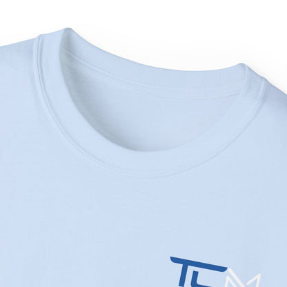 TruCrane Motorsports Heavy Cotton Tee TCM Logo Front - Large Back - Blue/White