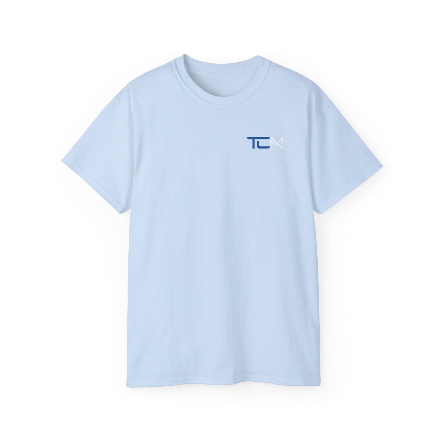 TruCrane Motorsports Heavy Cotton Tee TCM Logo Front - Large Back - Blue/White