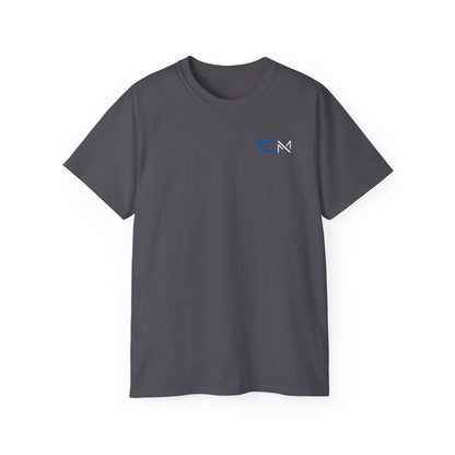 TruCrane Motorsports Heavy Cotton Tee TCM Logo Front - Large Back - Blue/White