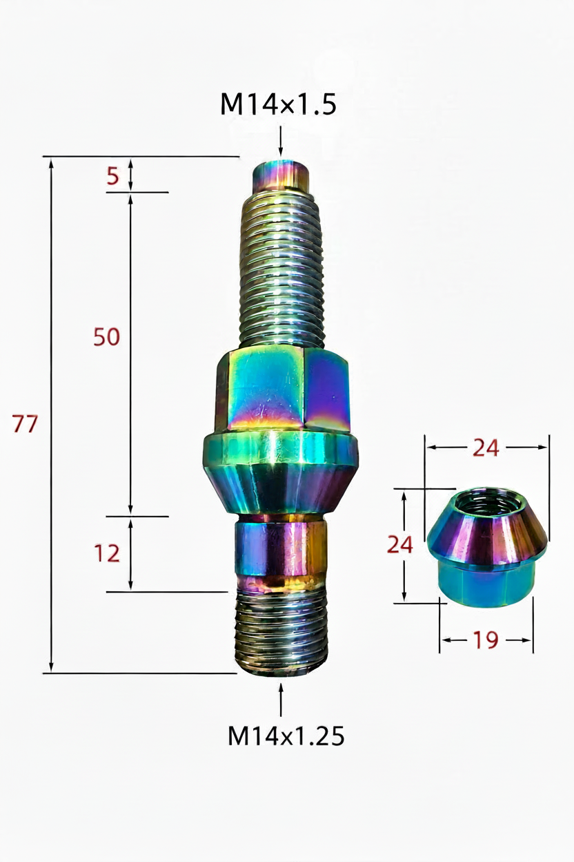 TCM Titanium Wheel Stud Conversion Kit M14x1.25 to M14x1.5 w/PVD Coating