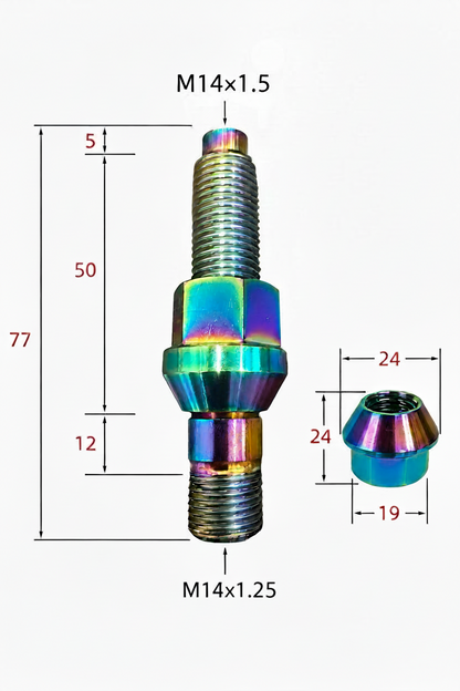 TCM Titanium Wheel Stud Conversion Kit M14x1.25 to M14x1.5 w/PVD Coating