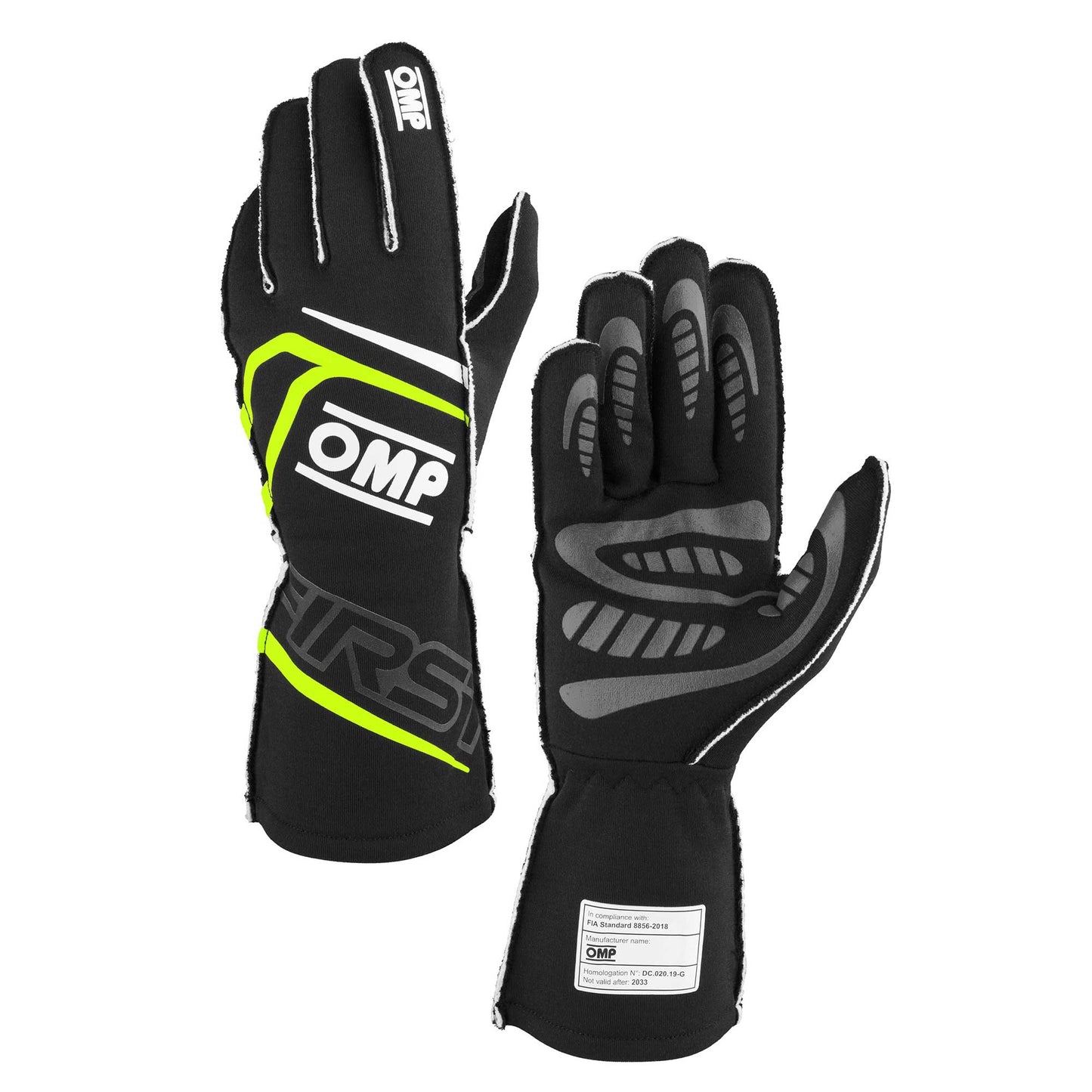 OMP Racing FIRST Gloves FIA 8856-20 18 MY2025 BLACK / FLUO Y