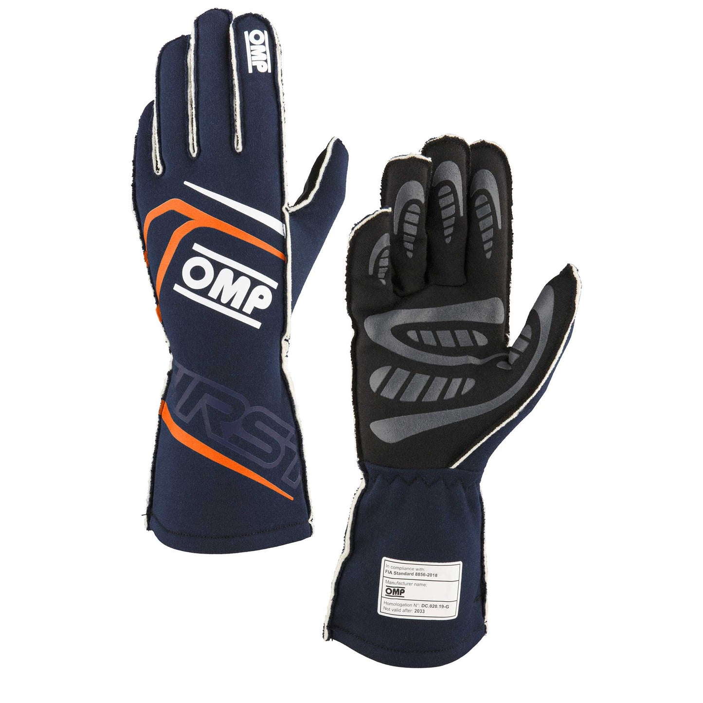 OMP Racing FIRST Gloves FIA 8856-20 18 MY2025 Navy Blue / Fluorescent Orange
