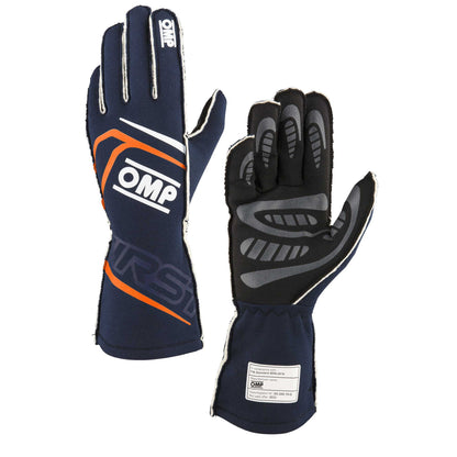 OMP Racing FIRST Gloves FIA 8856-20 18 MY2025 Navy Blue / Fluorescent Orange