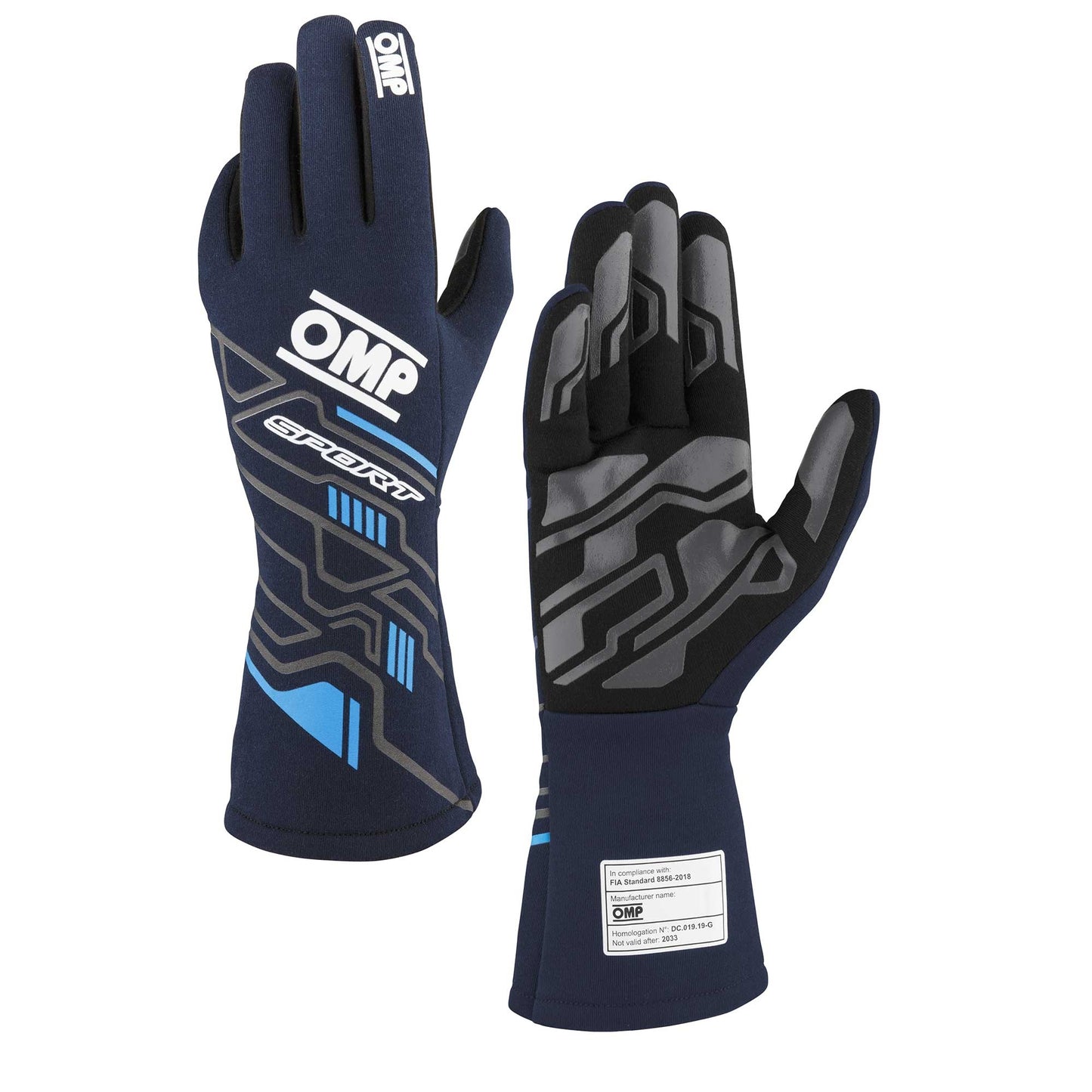 OMP Racing SPORT Gloves FIA 8856-20 18 MY2025 Navy Blue / Cyan
