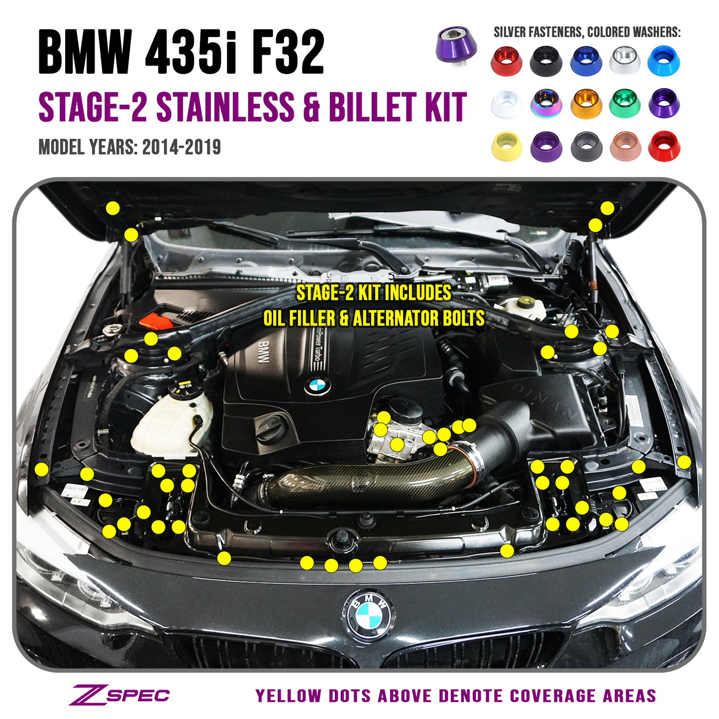 ZSPEC Stage-2 Dress Up Bolts Fastener Kit for '14-19 BMW 435i F32 3.0T, Stainless & Billet
